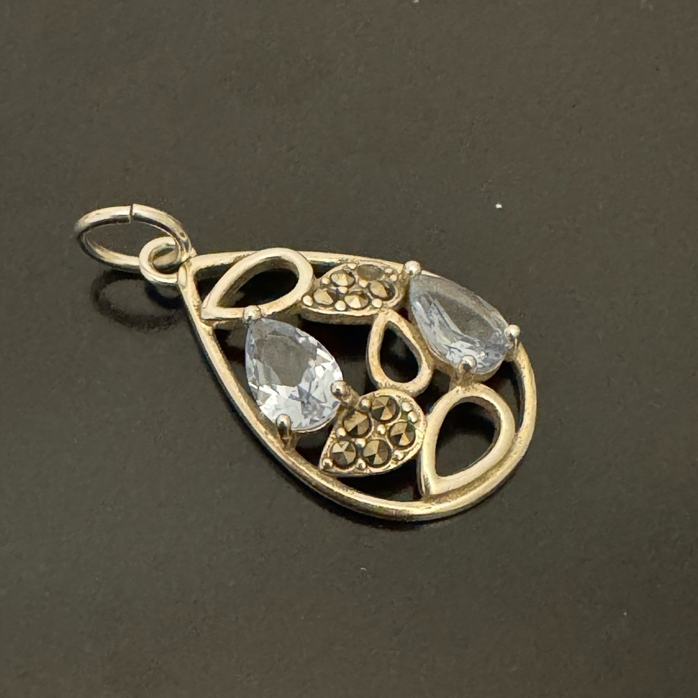 Sterling Silver Teardrop Pendant w Blue Stones & Marcasite – 925 SLC